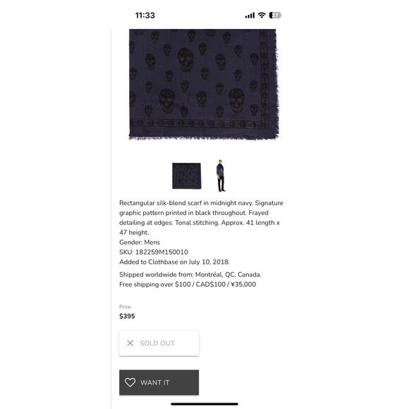 Alexander Mcqueen Navy and Black Skull Scarf - Picture 2 of 11